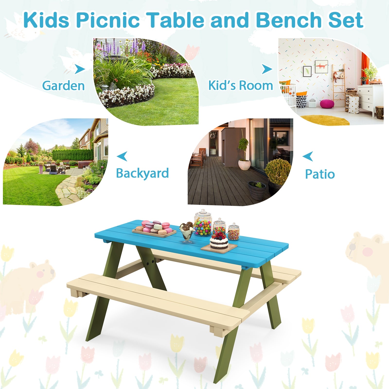 Kids Wooden Picnic Table Set Toddler Activity and Dining Table with Built-in Benches Kids Table & Chair Sets at Gallery Canada