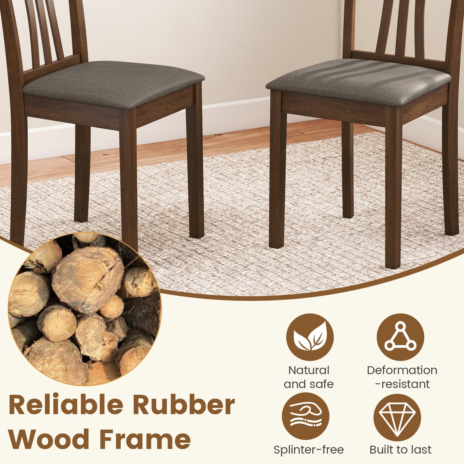 Wooden Dining Chairs Set of 2 with Linen Fabric Upholstered and Rubber Wood Frame, Brown Dining Chairs at Gallery Canada