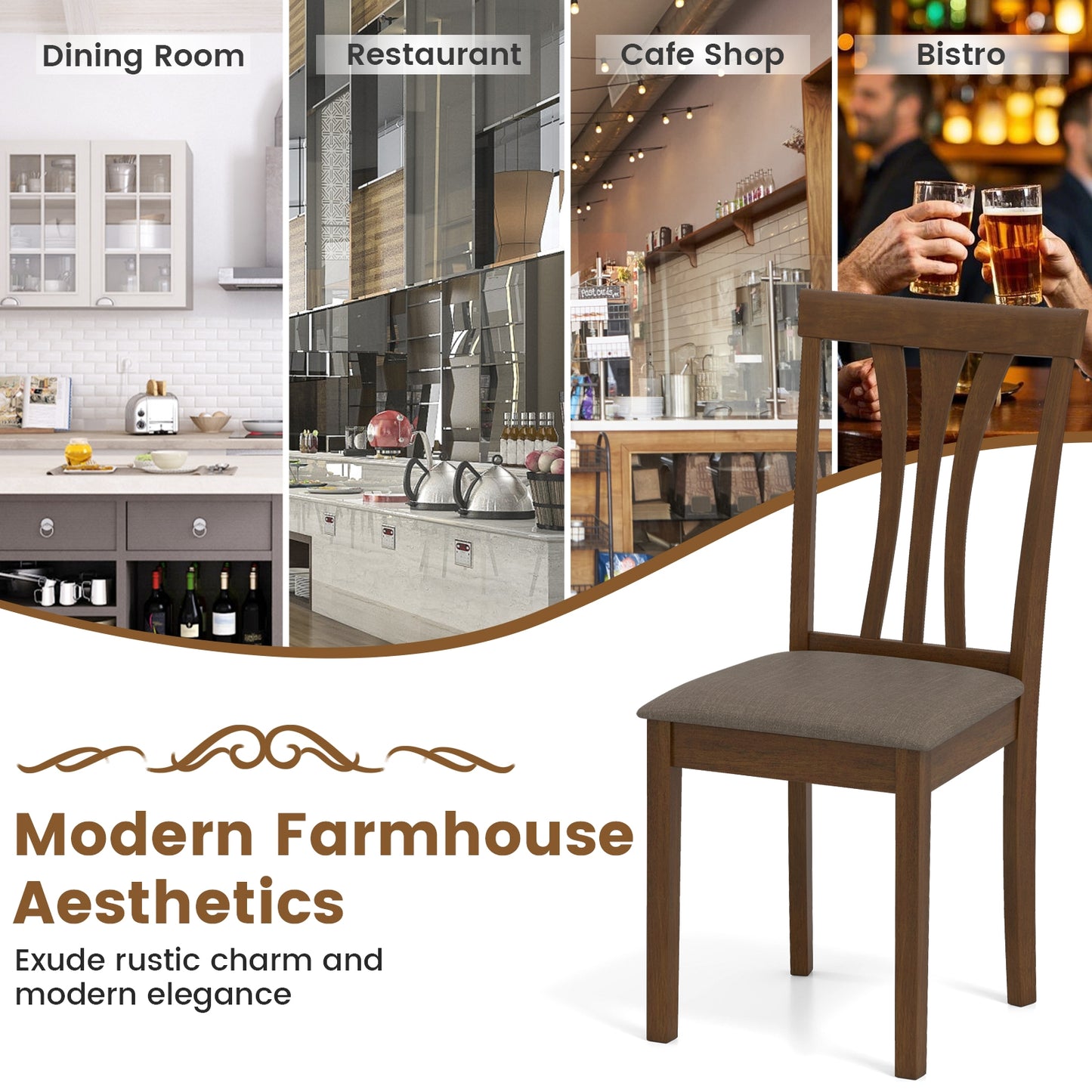 Wooden Dining Chairs Set of 2 with Linen Fabric Upholstered and Rubber Wood Frame, Brown Dining Chairs at Gallery Canada