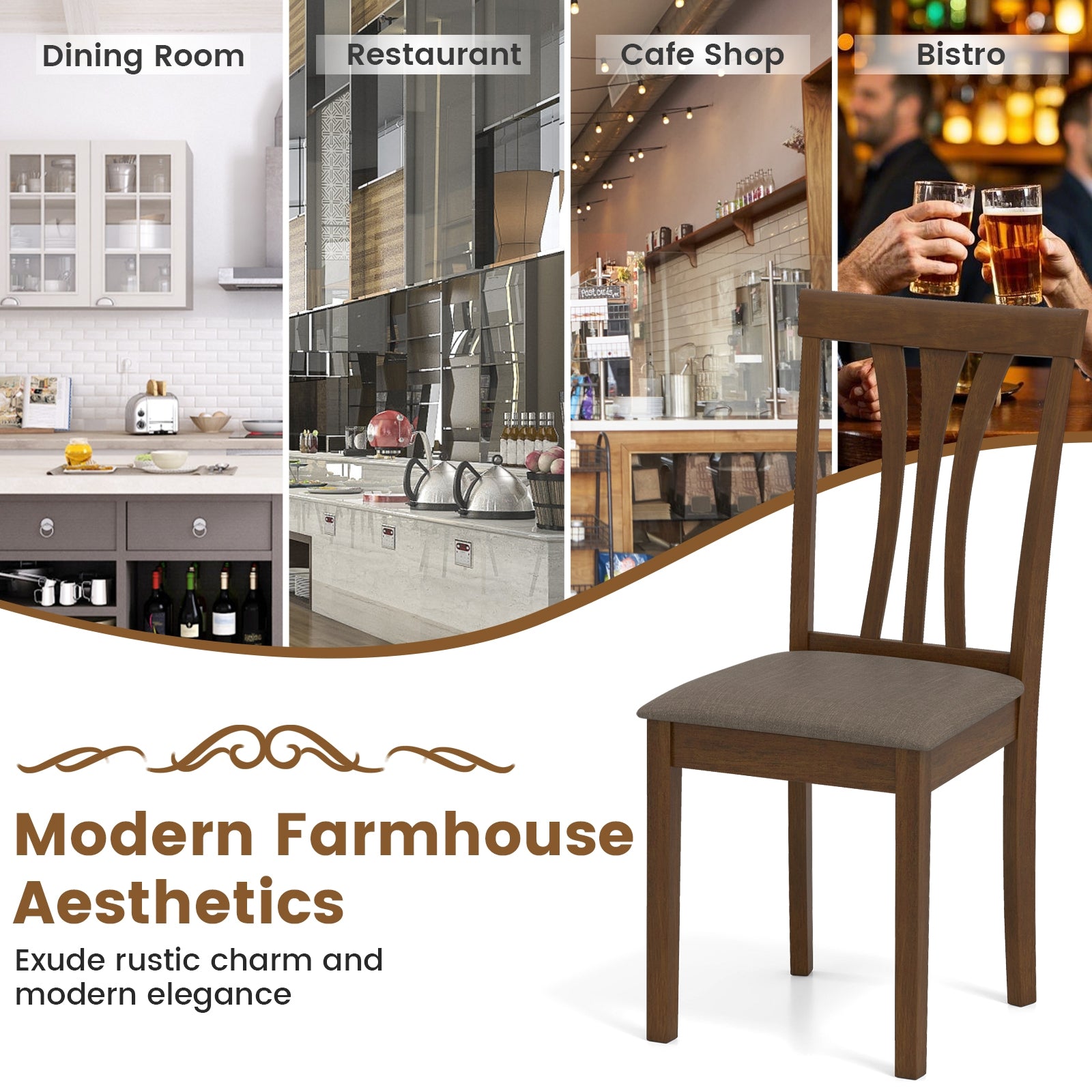 Wooden Dining Chairs Set of 2 with Linen Fabric Upholstered and Rubber Wood Frame, Brown Dining Chairs at Gallery Canada