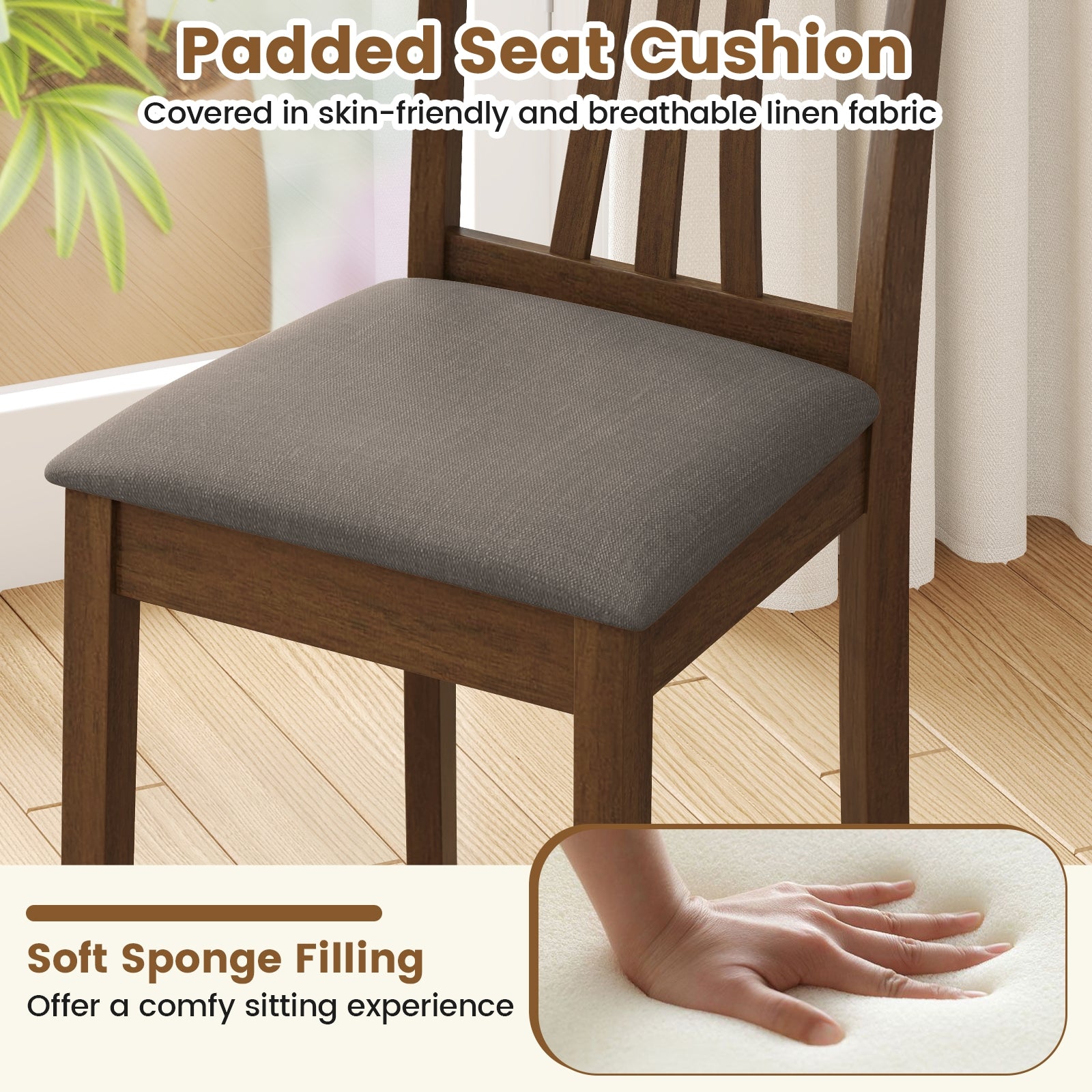 Wooden Dining Chairs Set of 2 with Linen Fabric Upholstered and Rubber Wood Frame, Brown Dining Chairs at Gallery Canada