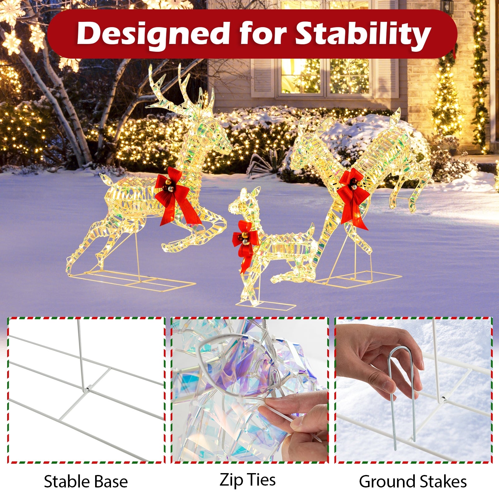 3-Piece Lighted Christmas Reindeer Family with LED Lights and Bows, White Christmas Decor & Accessories at Gallery Canada