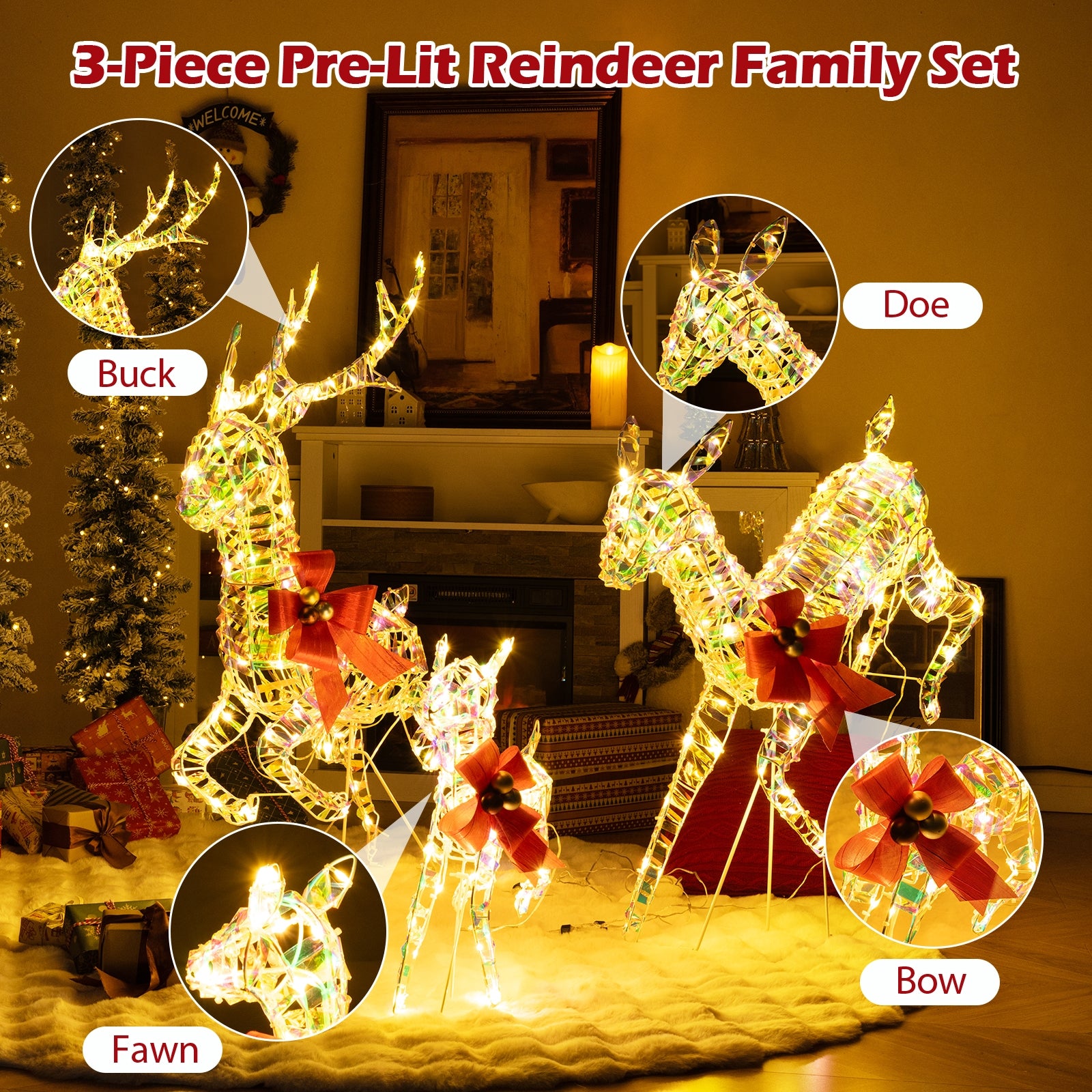 3-Piece Lighted Christmas Reindeer Family with LED Lights and Bows, White Christmas Decor & Accessories at Gallery Canada
