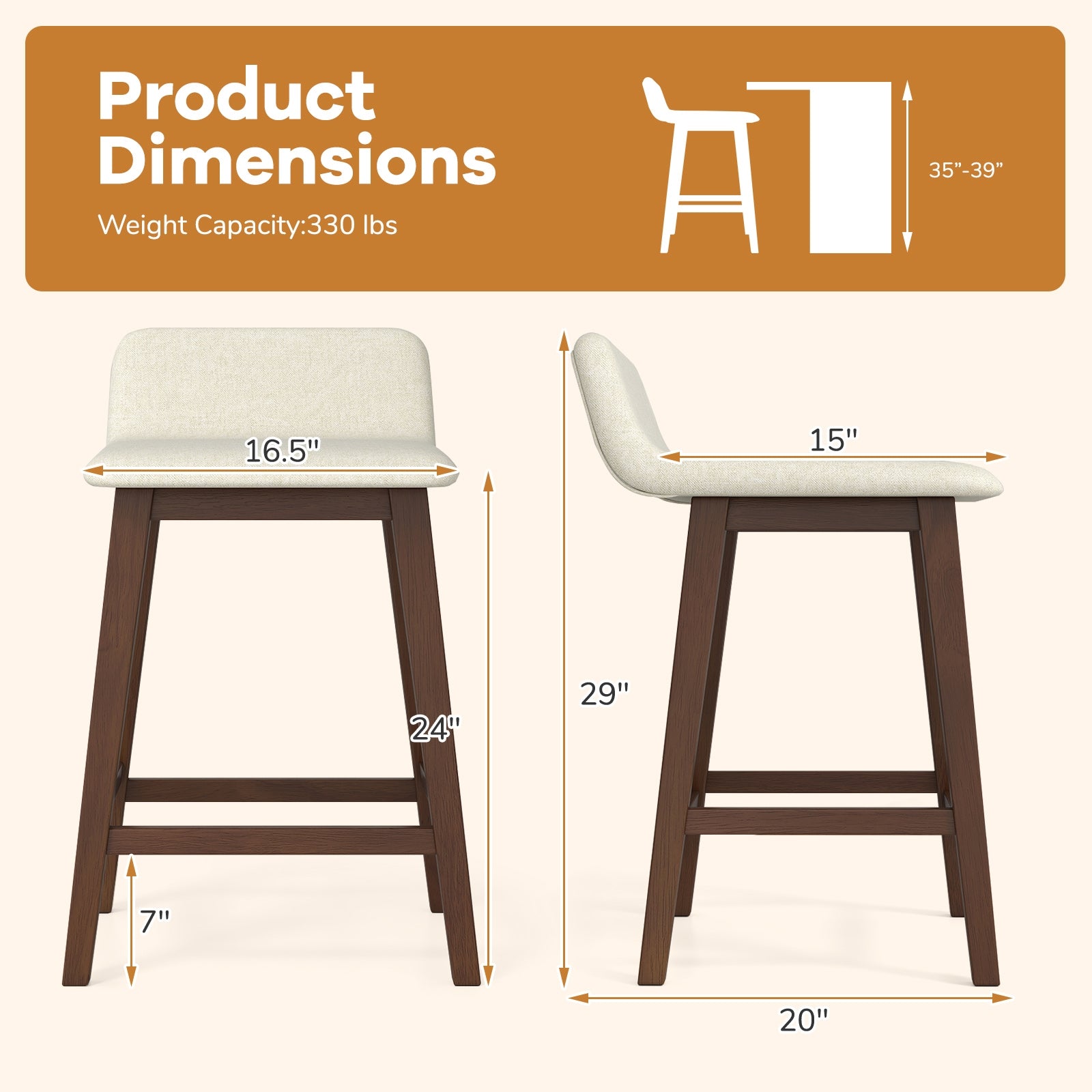 24 Inch Counter Height Bar Stools, Set of 2, Low Back, Brown Bar Stools at Gallery Canada