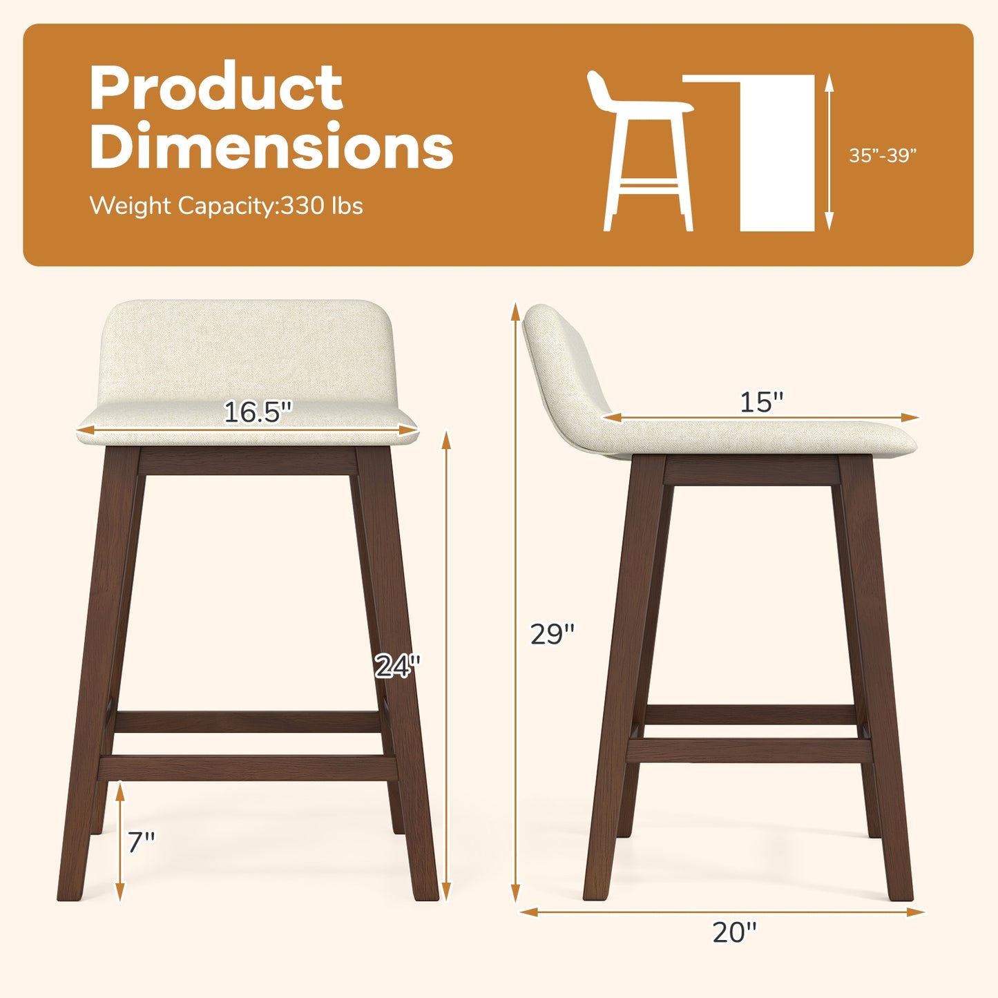 24 Inch Counter Height Bar Stools, Set of 2, Low Back, Brown Bar Stools at Gallery Canada