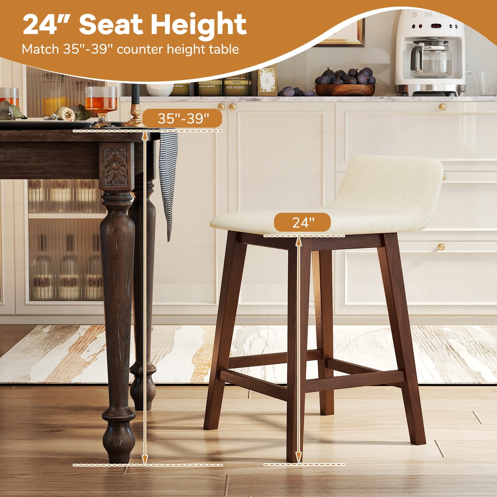 24 Inch Counter Height Bar Stools, Set of 2, Low Back, Brown Bar Stools at Gallery Canada