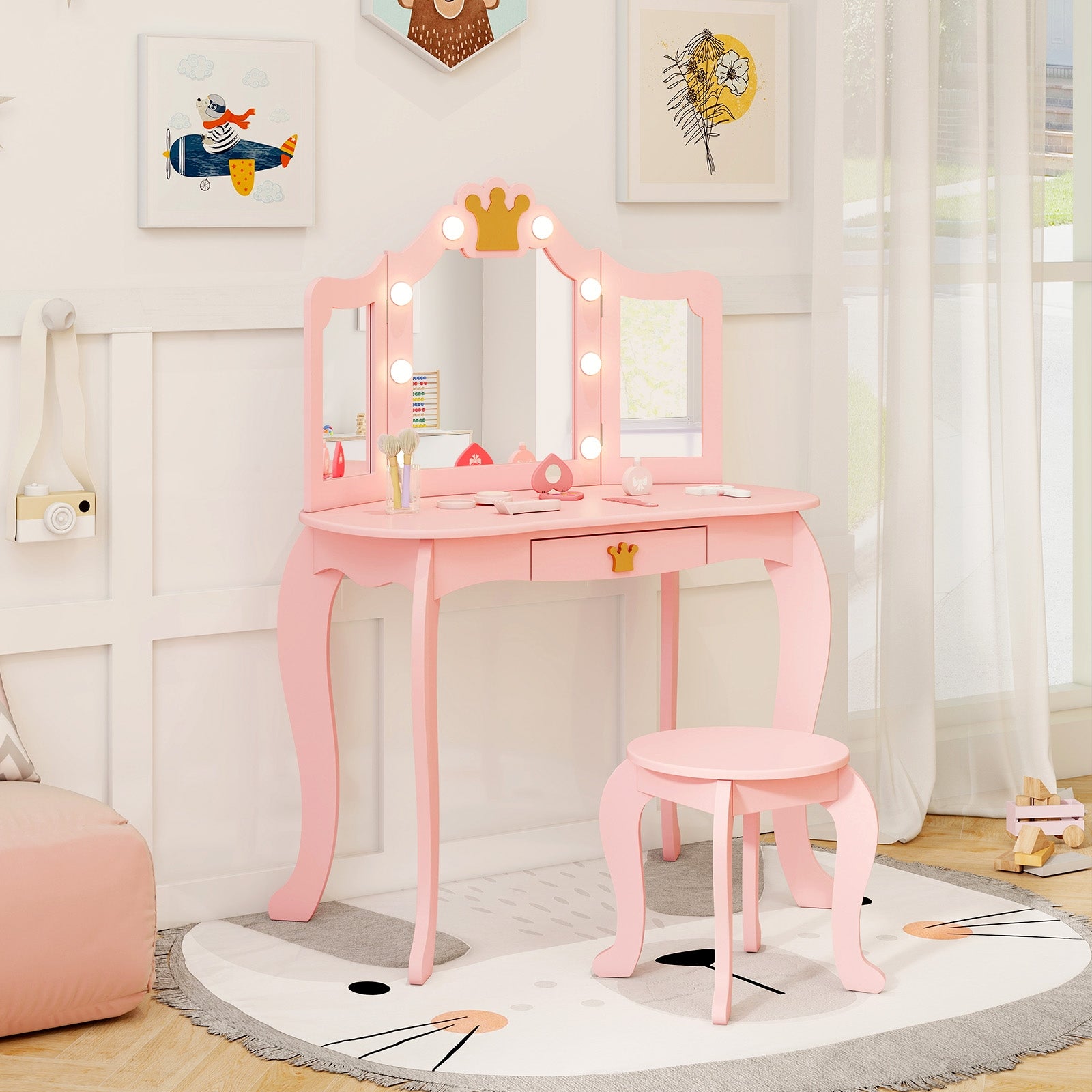 Kids Vanity Set with Tri-fold Lighted Mirror Detachable Top and Stool, Pink Kids Vanities at Gallery Canada