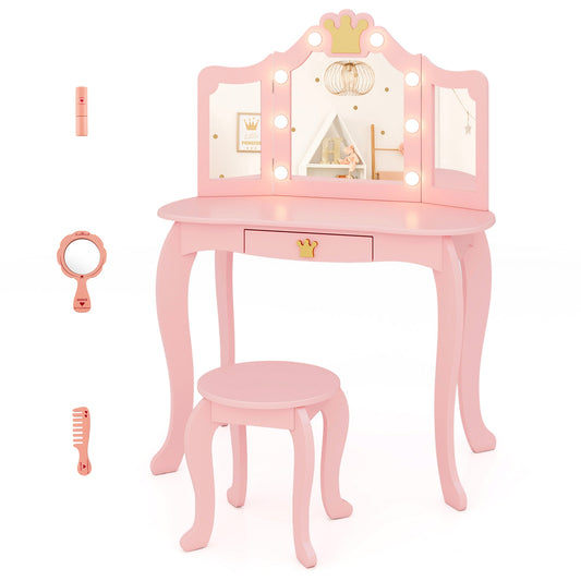 Kids Vanity Set With Tri-Fold Lighted Mirror, Detachable Top, Stool, Pink
