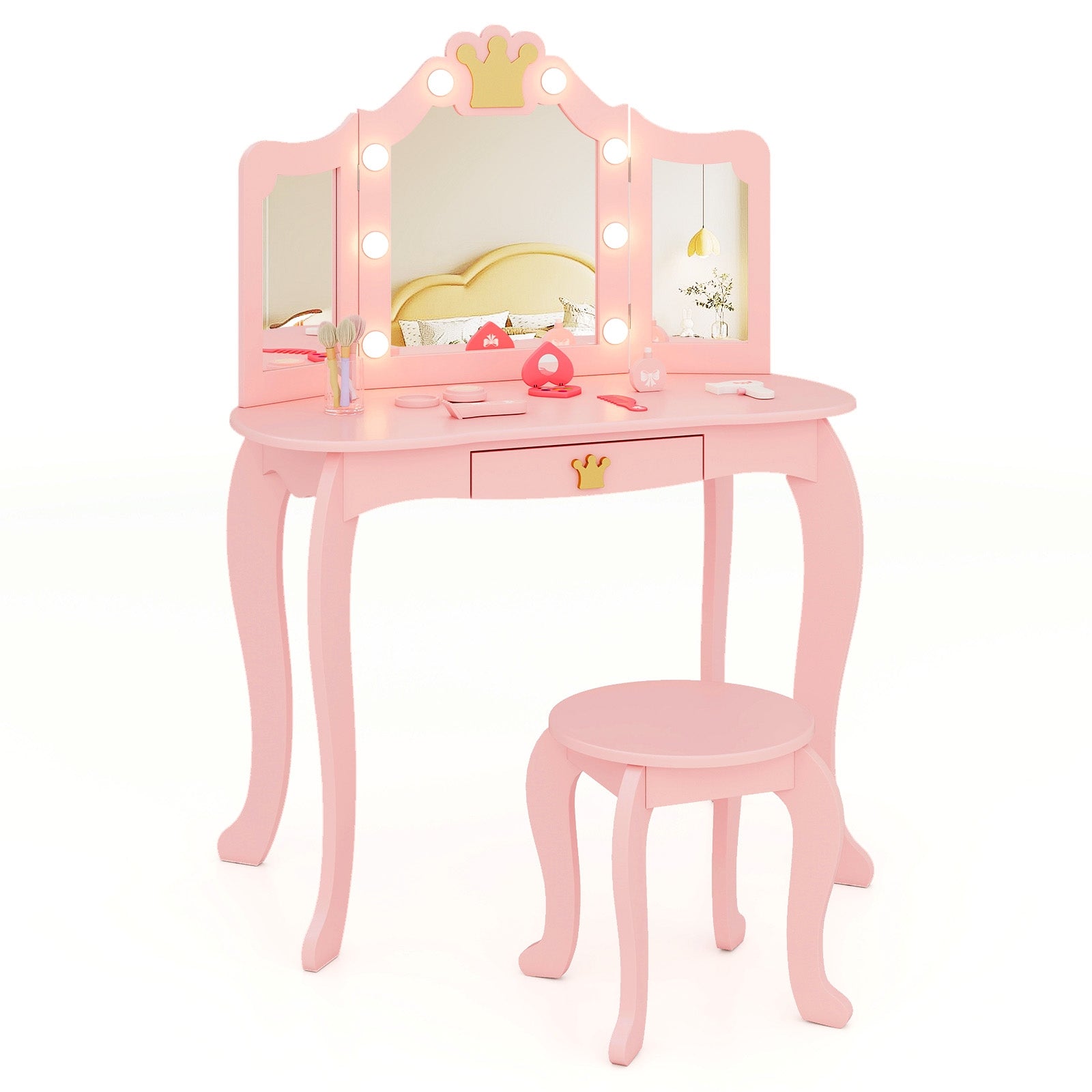 Kids Vanity Set with Tri-fold Lighted Mirror Detachable Top and Stool, Pink Kids Vanities at Gallery Canada
