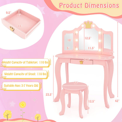 Kids Vanity Set with Tri-fold Lighted Mirror Detachable Top and Stool, Pink Kids Vanities at Gallery Canada