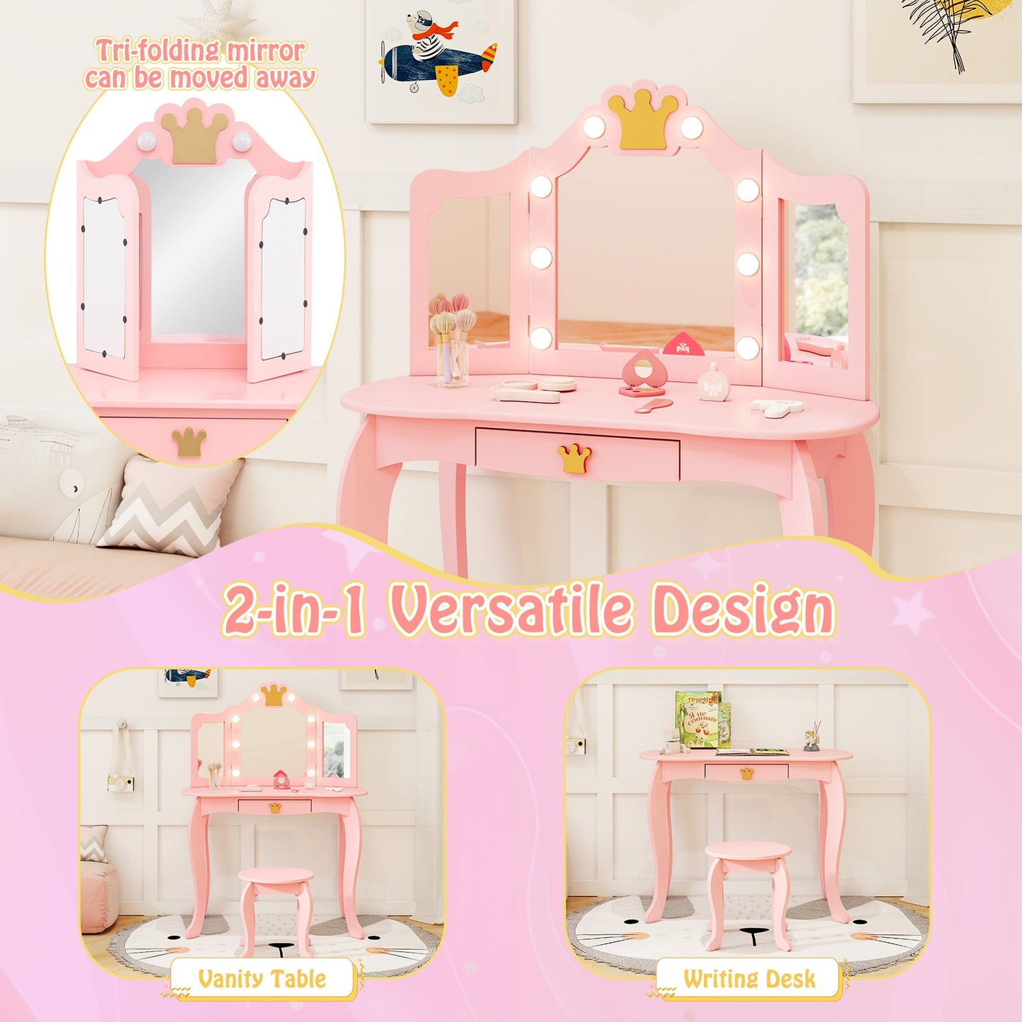 Kids Vanity Set with Tri-fold Lighted Mirror Detachable Top and Stool, Pink Kids Vanities at Gallery Canada