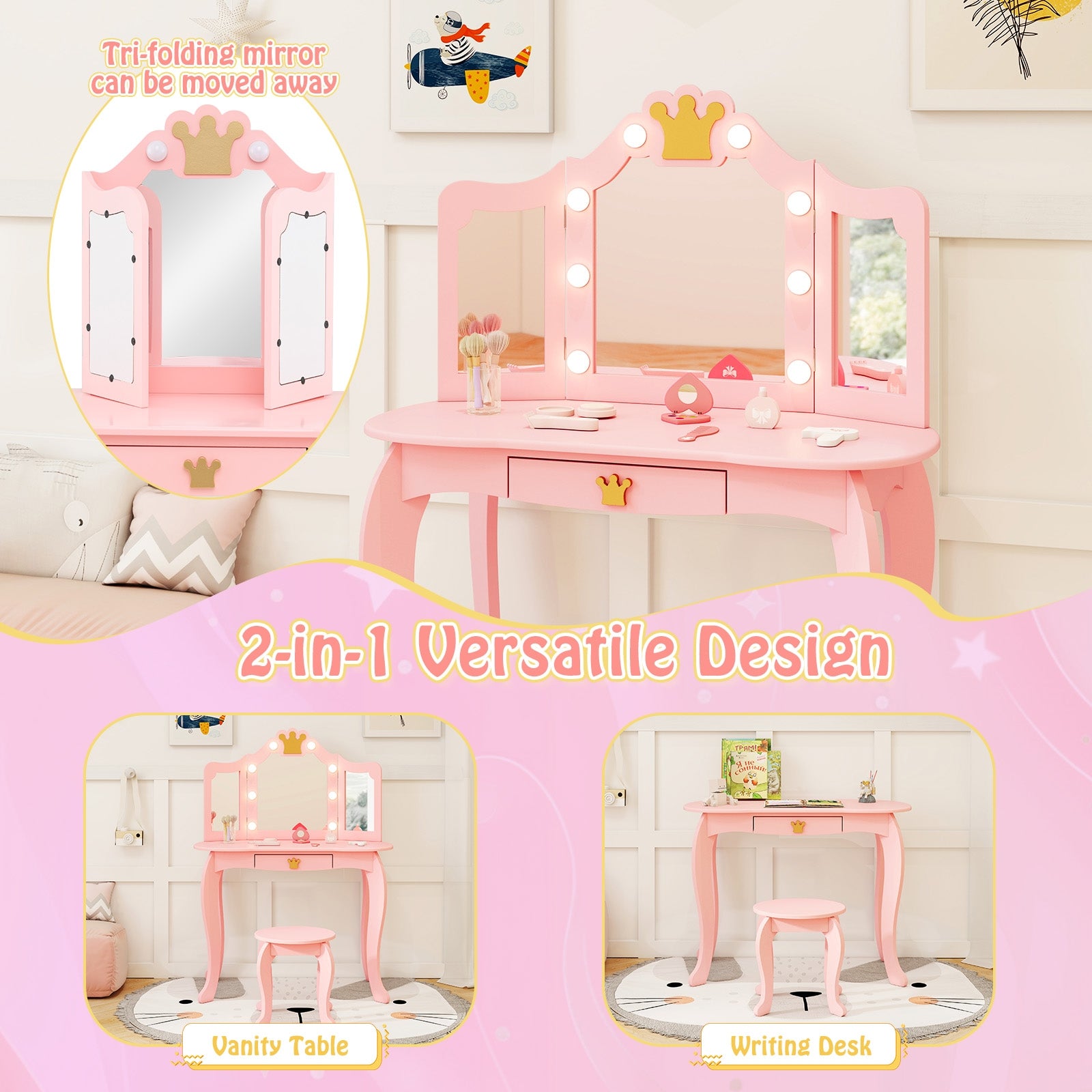 Kids Vanity Set with Tri-fold Lighted Mirror Detachable Top and Stool, Pink Kids Vanities at Gallery Canada