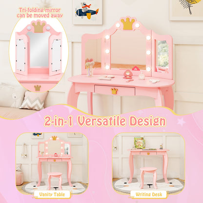 Kids Vanity Set with Tri-fold Lighted Mirror Detachable Top and Stool, Pink Kids Vanities at Gallery Canada