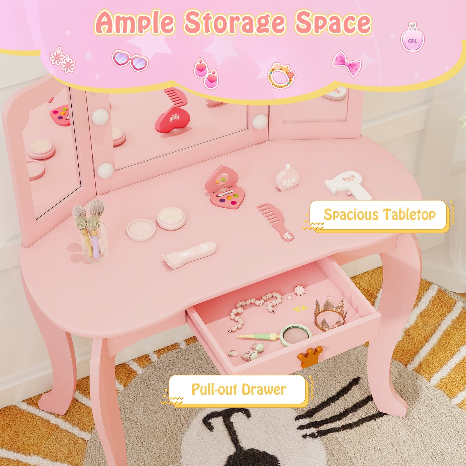 Kids Vanity Set with Tri-fold Lighted Mirror Detachable Top and Stool, Pink Kids Vanities at Gallery Canada