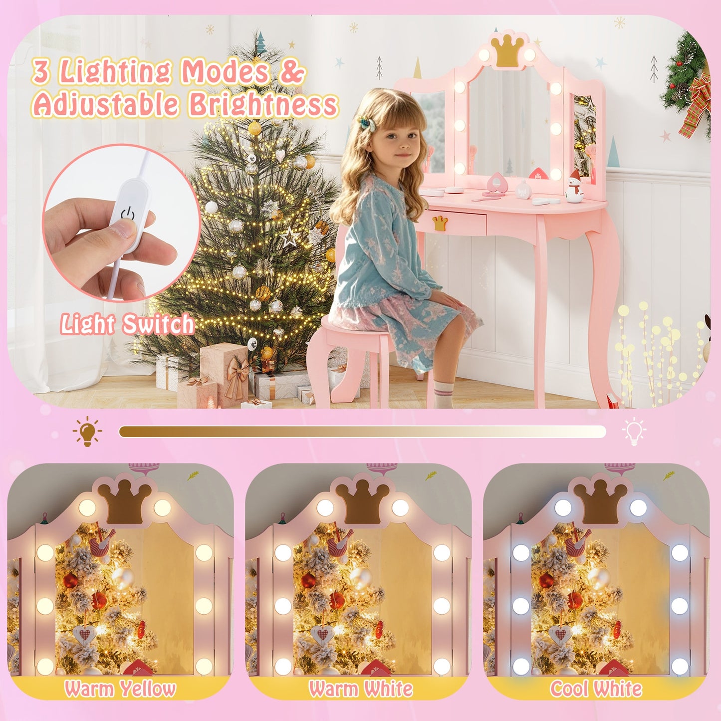 Kids Vanity Set with Tri-fold Lighted Mirror Detachable Top and Stool, Pink Kids Vanities at Gallery Canada