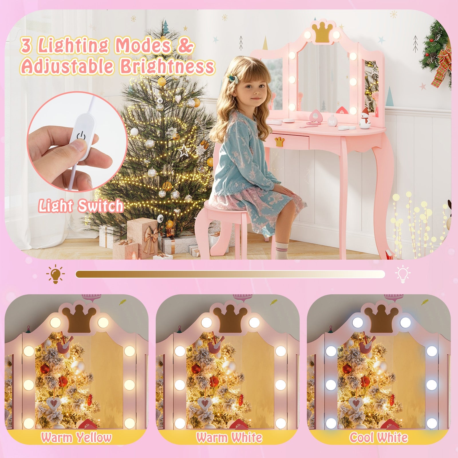 Kids Vanity Set with Tri-fold Lighted Mirror Detachable Top and Stool, Pink Kids Vanities at Gallery Canada