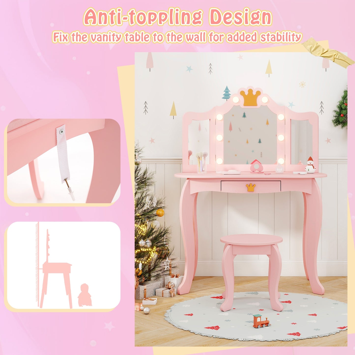 Kids Vanity Set with Tri-fold Lighted Mirror Detachable Top and Stool, Pink Kids Vanities at Gallery Canada
