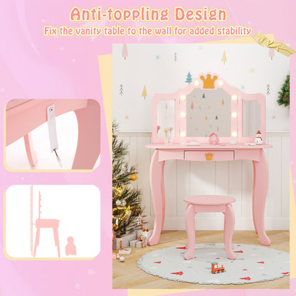 Kids Vanity Set with Tri-fold Lighted Mirror Detachable Top and Stool, Pink Kids Vanities at Gallery Canada