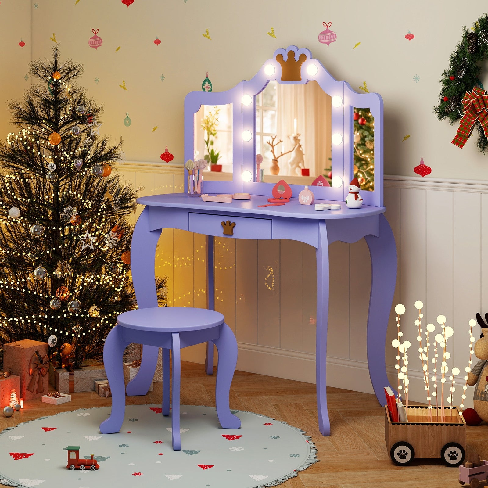 Kids Vanity Set with Tri-fold Lighted Mirror Detachable Top and Stool, Purple Kids Vanities at Gallery Canada