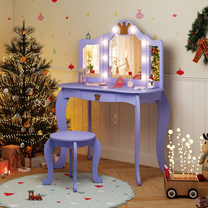 Kids Vanity Set with Tri-fold Lighted Mirror Detachable Top and Stool, Purple Kids Vanities at Gallery Canada