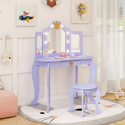 Kids Vanity Set with Tri-fold Lighted Mirror Detachable Top and Stool, Purple Kids Vanities at Gallery Canada