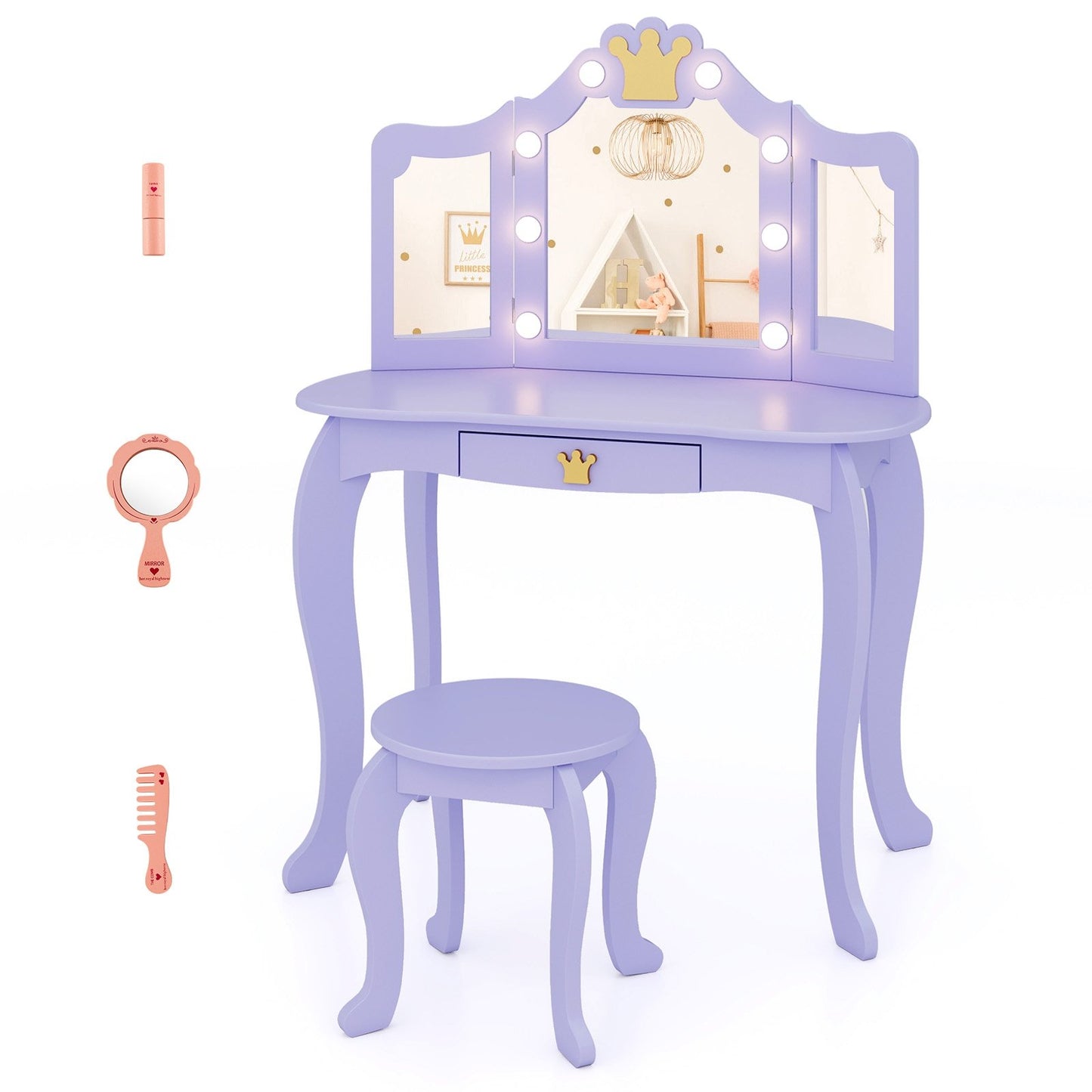 Kids Vanity Set with Tri-fold Lighted Mirror Detachable Top and Stool, Purple Kids Vanities at Gallery Canada