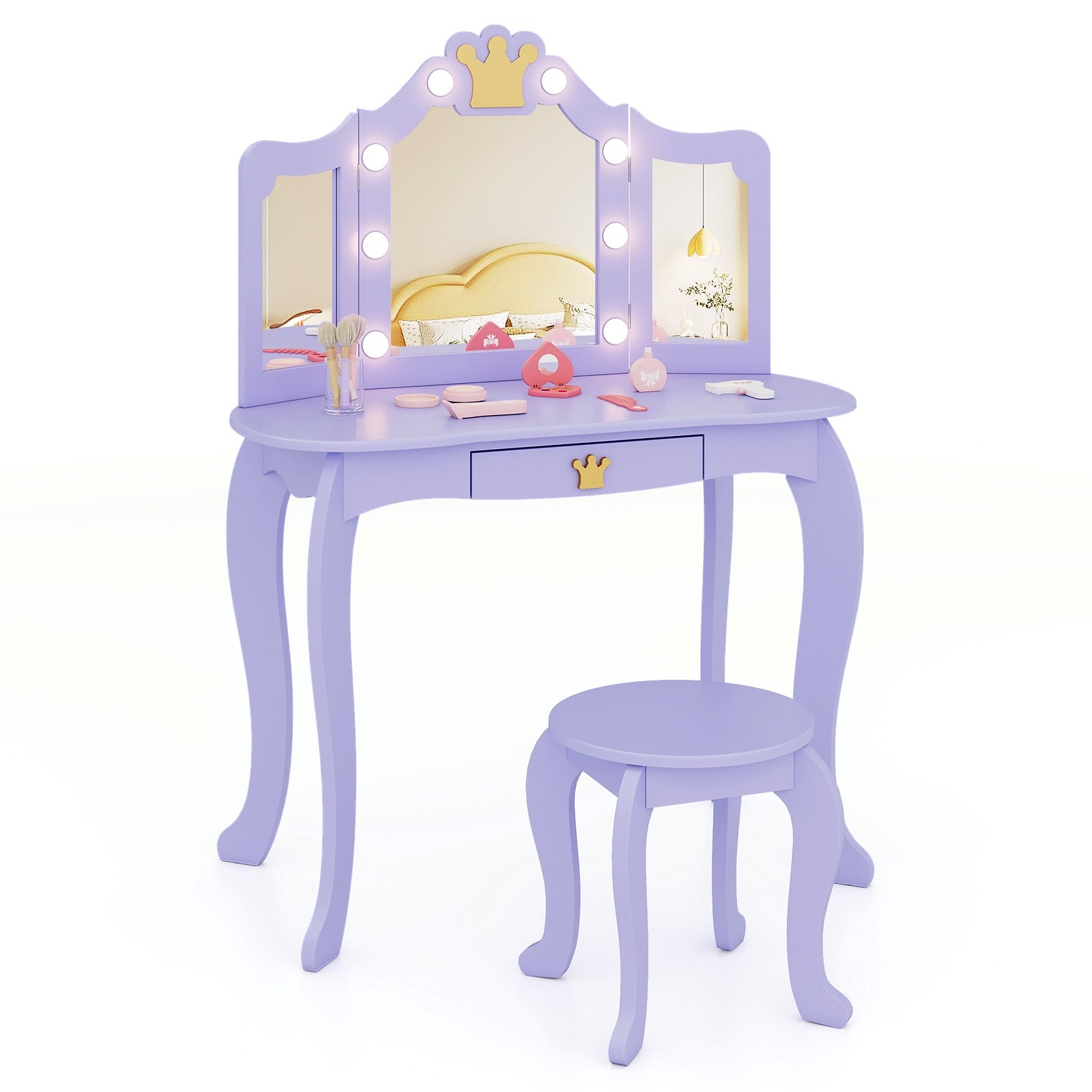 Kids Vanity Set with Tri-fold Lighted Mirror Detachable Top and Stool, Purple Kids Vanities at Gallery Canada