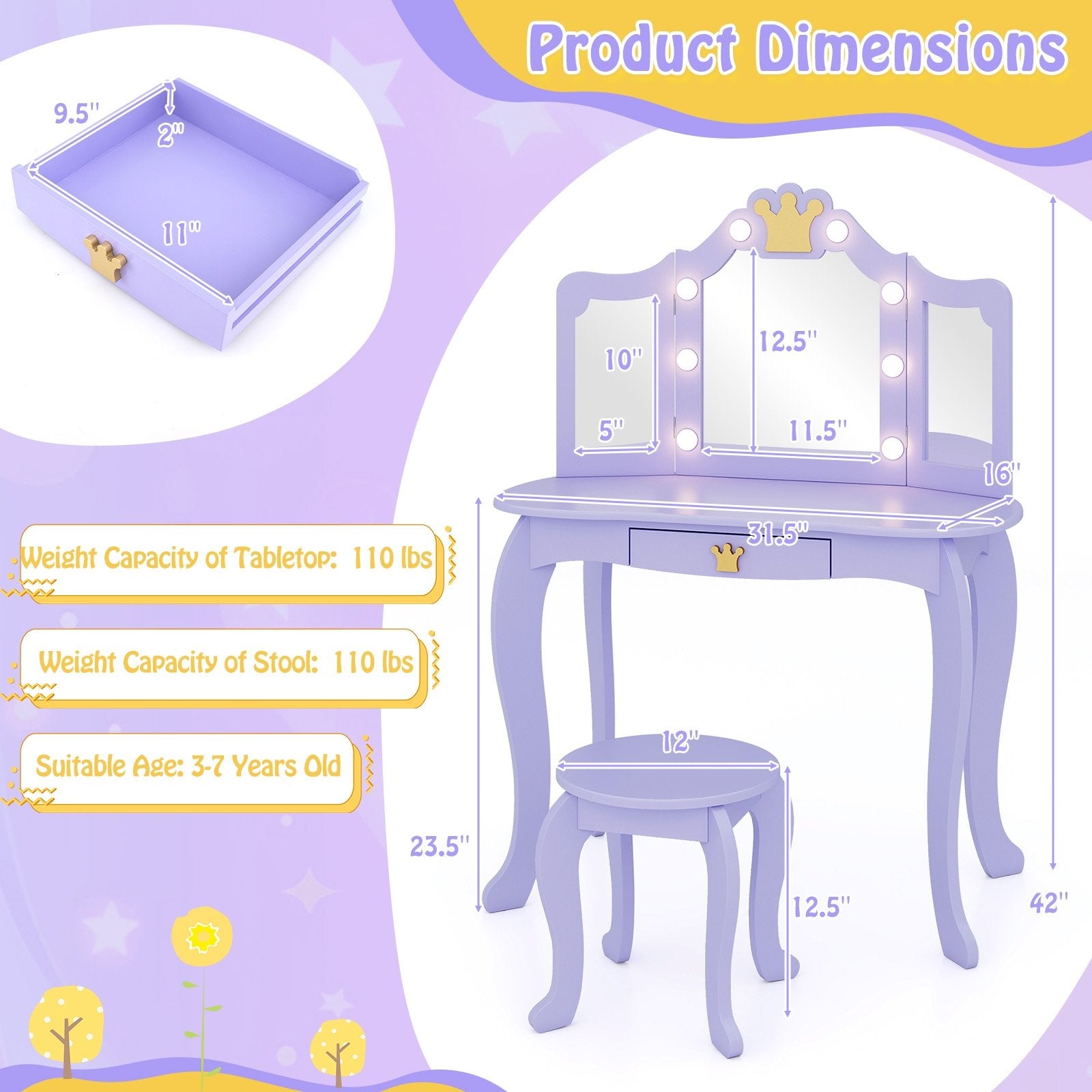 Kids Vanity Set with Tri-fold Lighted Mirror Detachable Top and Stool, Purple Kids Vanities at Gallery Canada