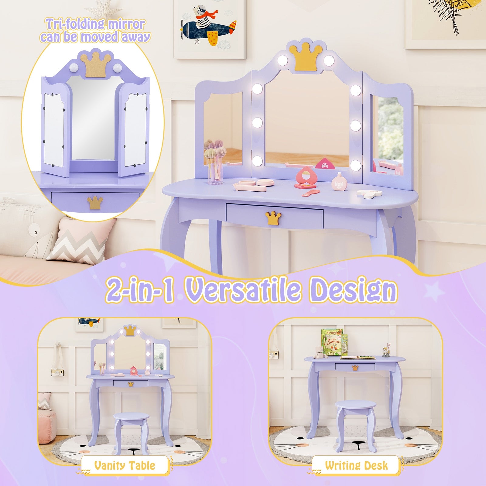 Kids Vanity Set with Tri-fold Lighted Mirror Detachable Top and Stool, Purple Kids Vanities at Gallery Canada