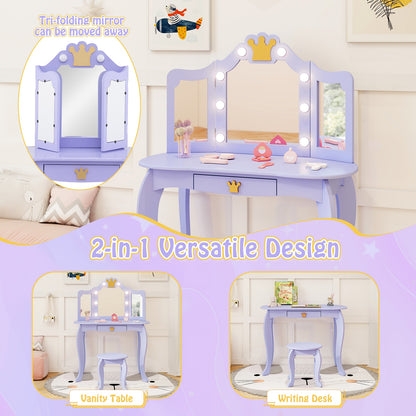 Kids Vanity Set with Tri-fold Lighted Mirror Detachable Top and Stool, Purple Kids Vanities at Gallery Canada