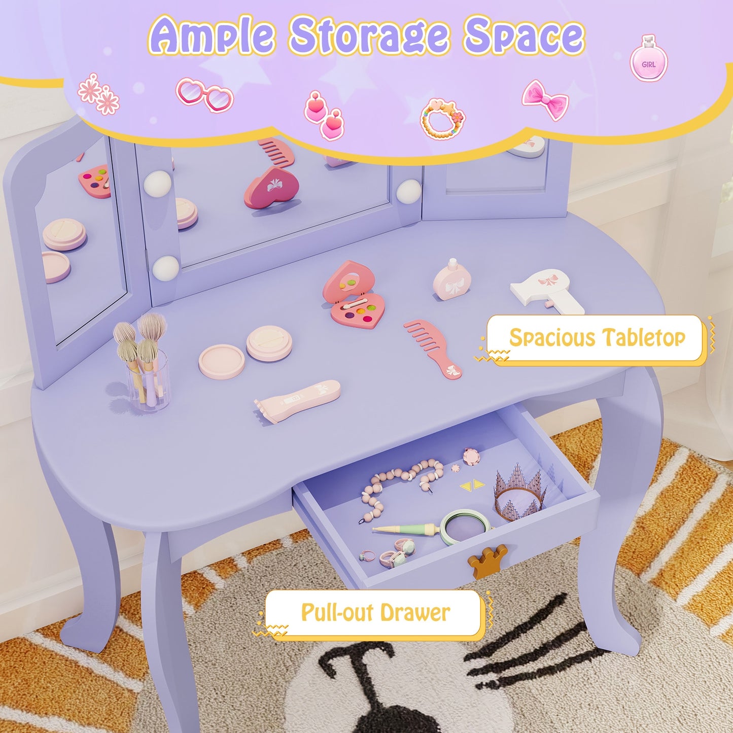 Kids Vanity Set with Tri-fold Lighted Mirror Detachable Top and Stool, Purple Kids Vanities at Gallery Canada