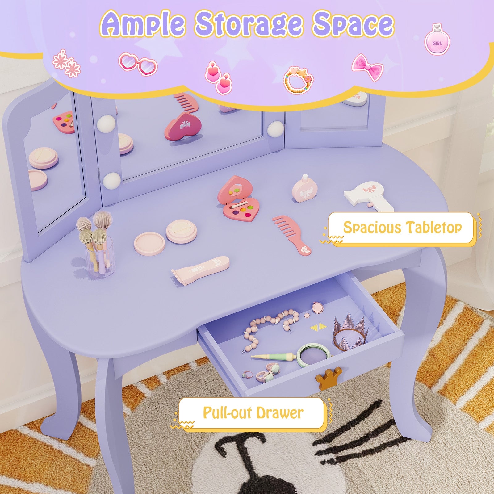 Kids Vanity Set with Tri-fold Lighted Mirror Detachable Top and Stool, Purple Kids Vanities at Gallery Canada