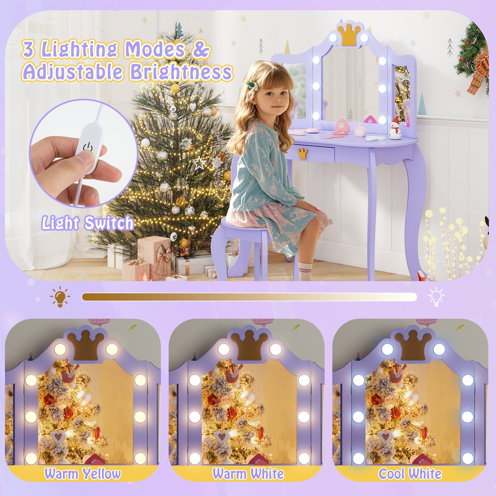 Kids Vanity Set with Tri-fold Lighted Mirror Detachable Top and Stool, Purple Kids Vanities at Gallery Canada