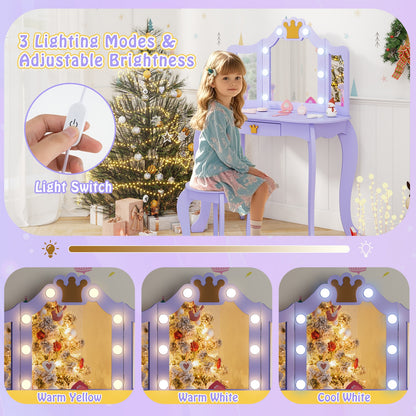 Kids Vanity Set with Tri-fold Lighted Mirror Detachable Top and Stool, Purple Kids Vanities at Gallery Canada
