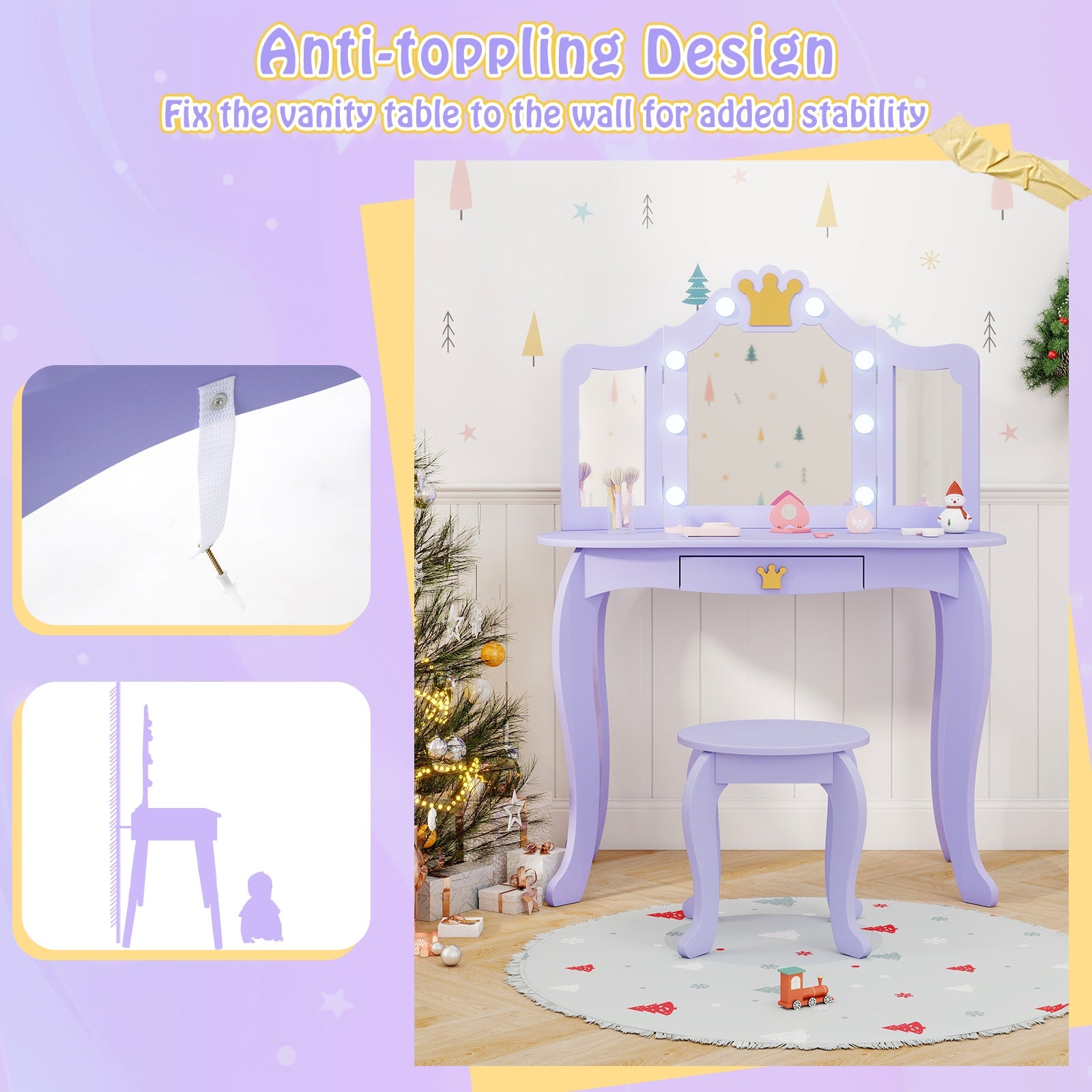 Kids Vanity Set with Tri-fold Lighted Mirror Detachable Top and Stool, Purple Kids Vanities at Gallery Canada