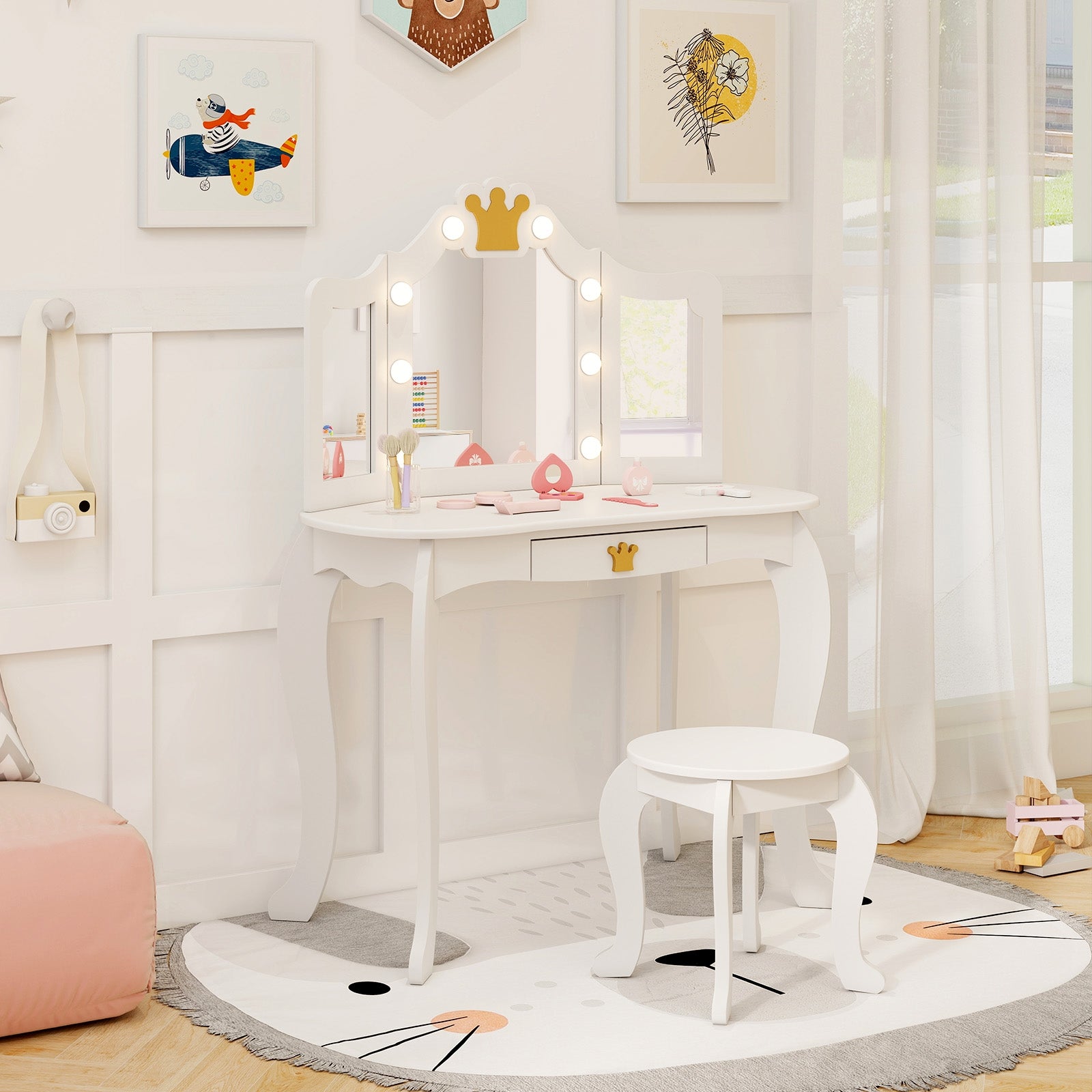 Kids Vanity Set with Tri-fold Lighted Mirror Detachable Top and Stool, White Kids Vanities at Gallery Canada