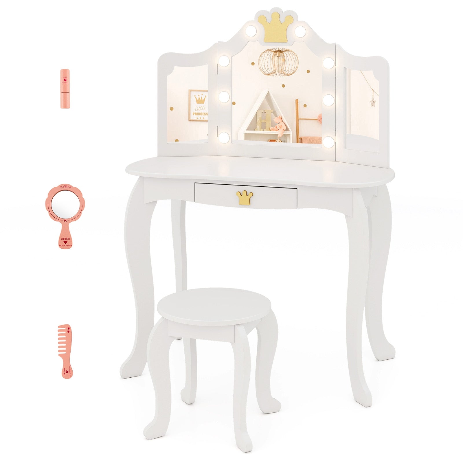 Kids Vanity Set with Tri-fold Lighted Mirror Detachable Top and Stool, White Kids Vanities White at Gallery Canada