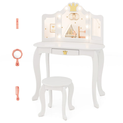 Kids Vanity Set with Tri-fold Lighted Mirror Detachable Top and Stool, White