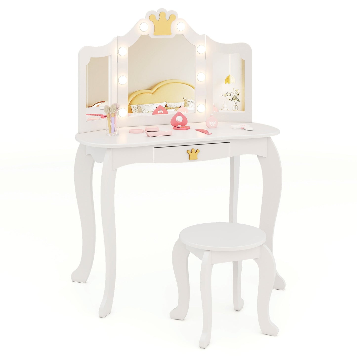 Kids Vanity Set with Tri-fold Lighted Mirror Detachable Top and Stool, White Kids Vanities at Gallery Canada