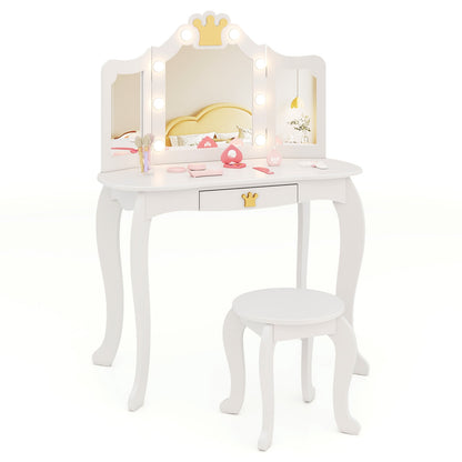 Kids Vanity Set with Tri-fold Lighted Mirror Detachable Top and Stool, White Kids Vanities at Gallery Canada