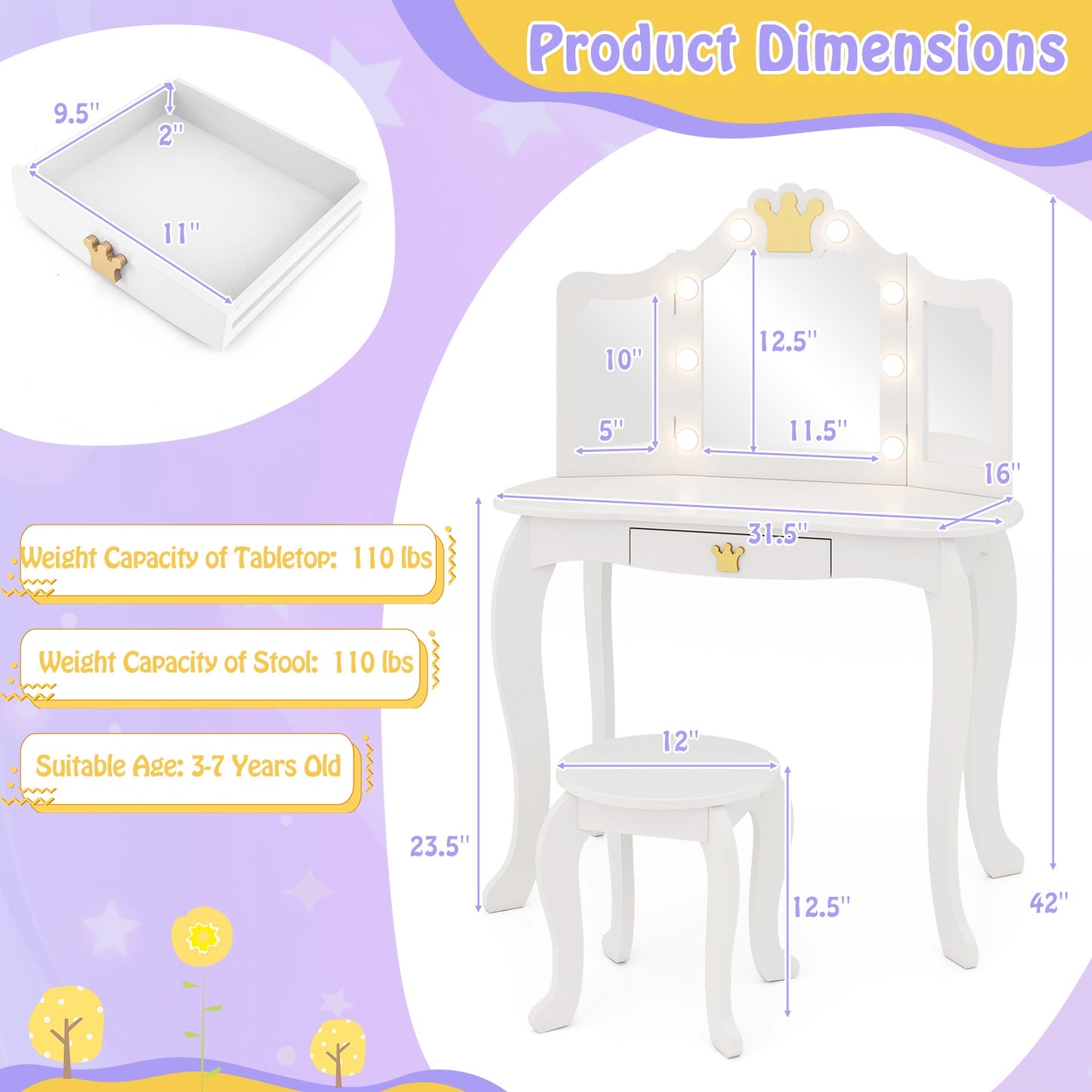 Kids Vanity Set with Tri-fold Lighted Mirror Detachable Top and Stool, White Kids Vanities at Gallery Canada
