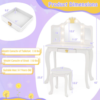 Kids Vanity Set with Tri-fold Lighted Mirror Detachable Top and Stool, White Kids Vanities at Gallery Canada