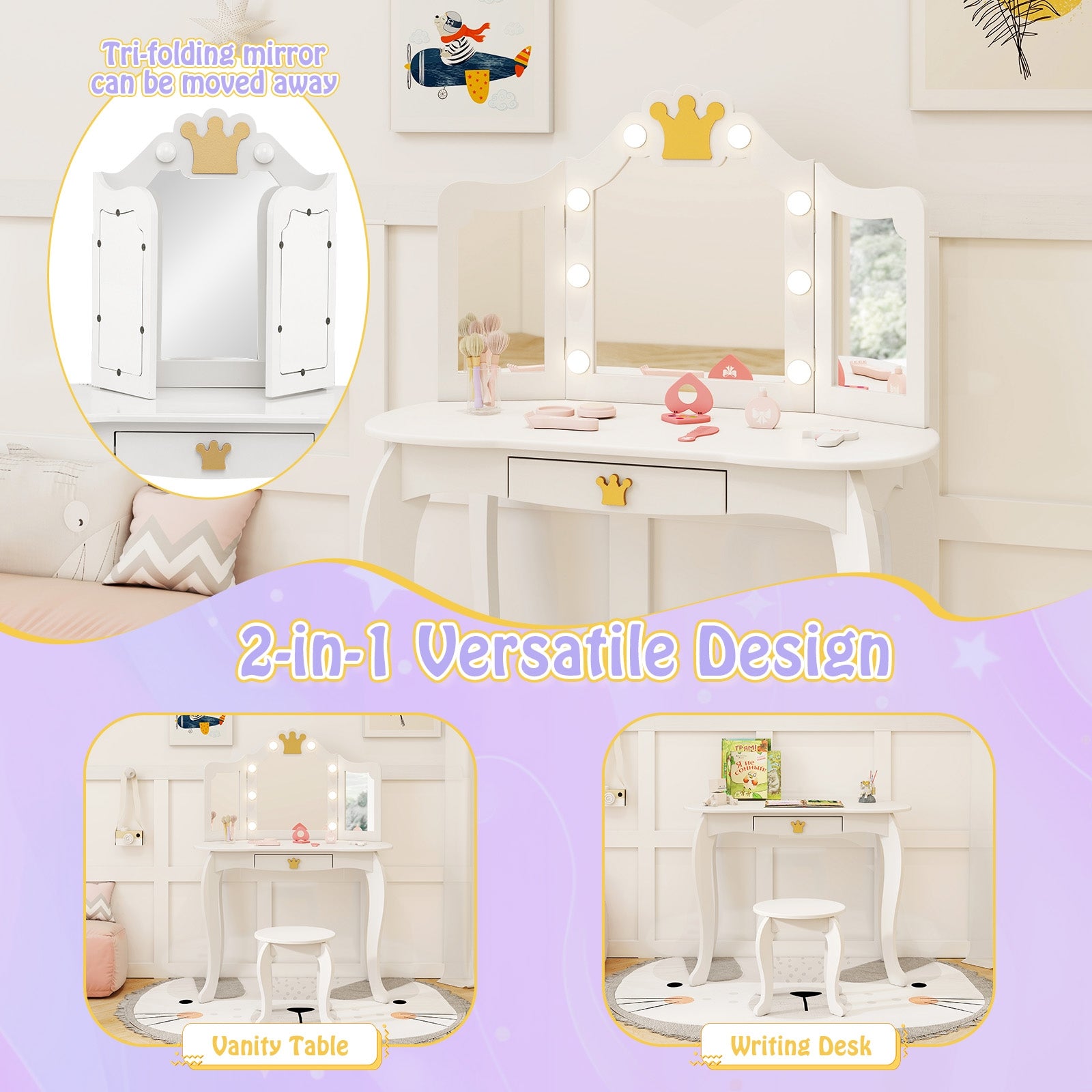 Kids Vanity Set with Tri-fold Lighted Mirror Detachable Top and Stool, White Kids Vanities at Gallery Canada