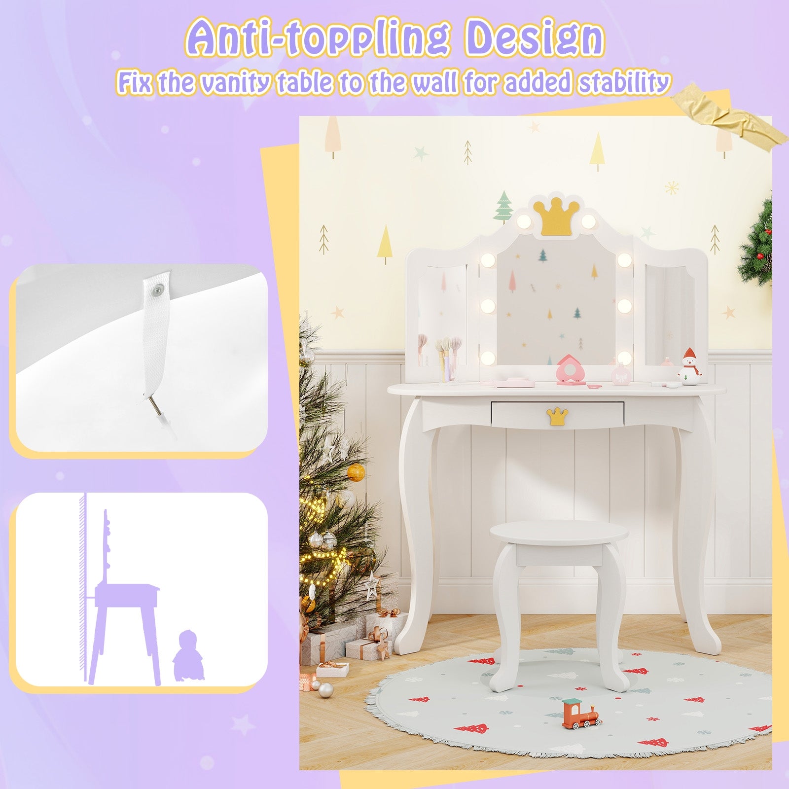 Kids Vanity Set with Tri-fold Lighted Mirror Detachable Top and Stool, White Kids Vanities at Gallery Canada