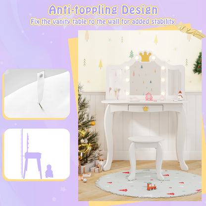 Kids Vanity Set with Tri-fold Lighted Mirror Detachable Top and Stool, White Kids Vanities at Gallery Canada