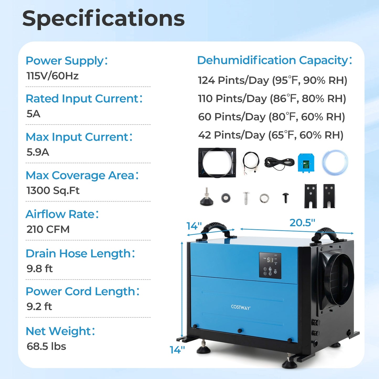 124 Pint Crawl Space Dehumidifier, 3 Modes, 24H Timer, Blue Dehumidifiers at Gallery Canada