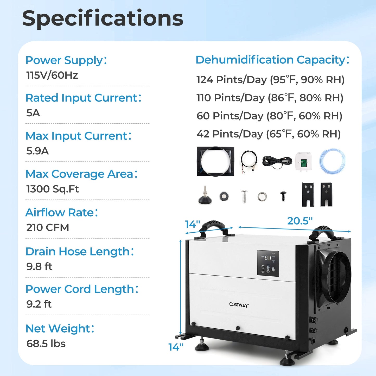 124 Pint Crawl Space Dehumidifier with 3 Modes and 24H Timer, White Dehumidifiers at Gallery Canada