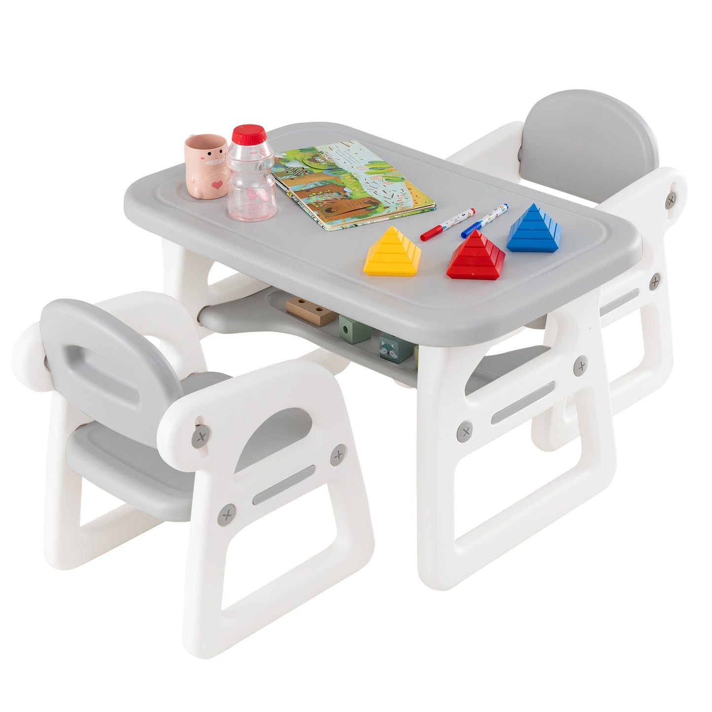 Ensemble de Table et Chaises pour Enfants avec Blocs de Construction, Gris