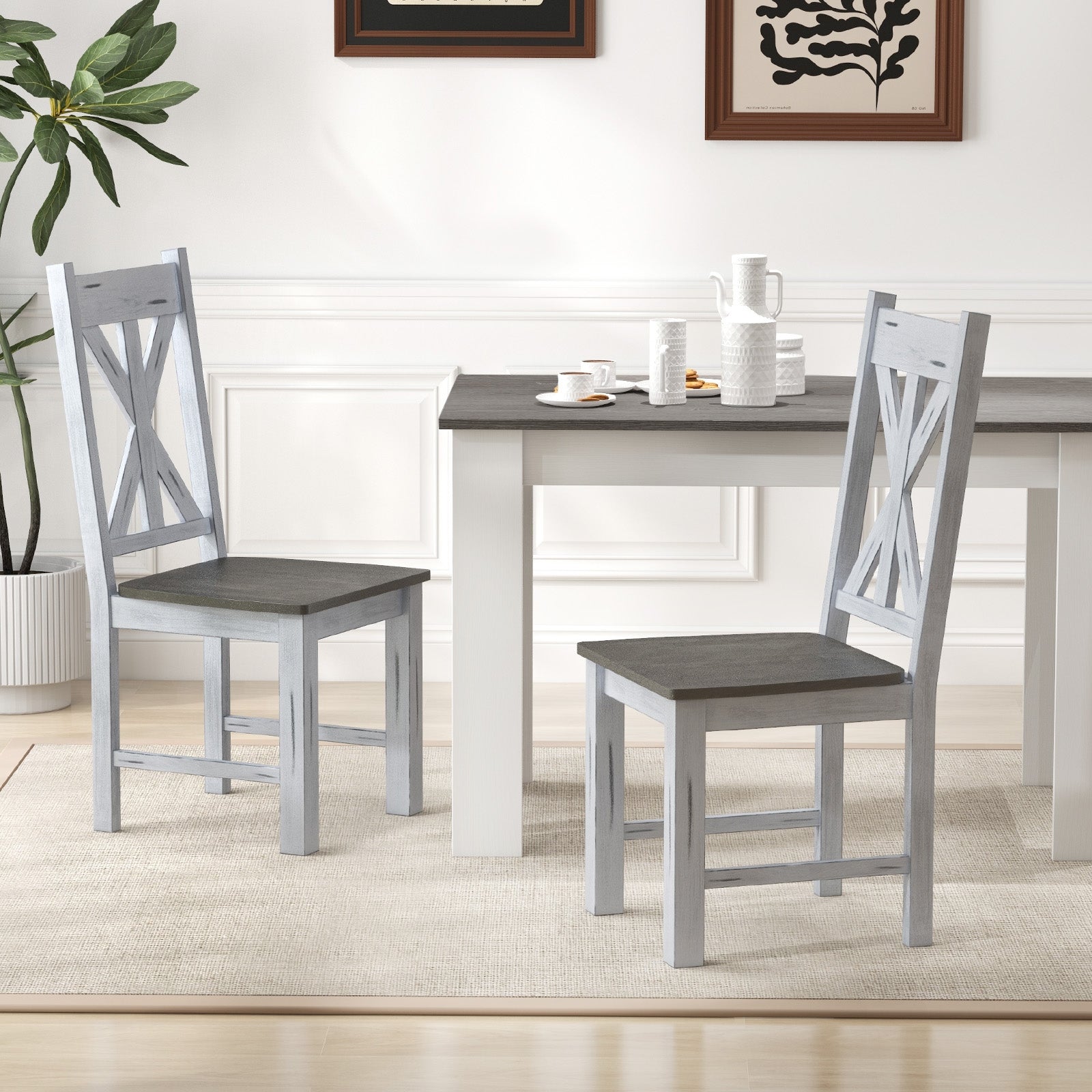 Farmhouse Chair Set of 2 with Rubber Wood Frame and Elegant Hollowed Backrest, Gray Dining Chairs at Gallery Canada