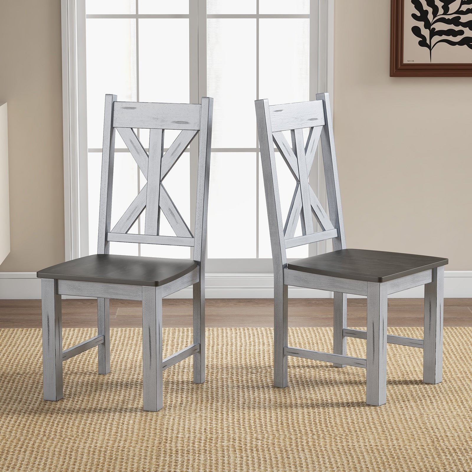 Farmhouse Chair Set of 2 with Rubber Wood Frame and Elegant Hollowed Backrest, Gray Dining Chairs at Gallery Canada
